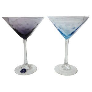 2 Block Basics Circle Cocktail Martini Glasses Set Purple Blue Polka Dot READ
